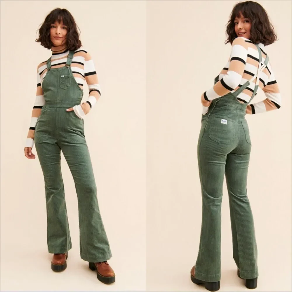 Free People Lee Factory Flare Cord Overalls Size Medium Green Retro Stretch